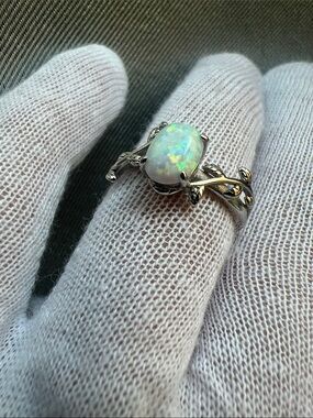 Opal Solitaire Sterling Silver Vine Ring - White Opal in Sterling Silver Size 6